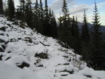 The trail goes across a boulder-covered slide zone.  The snow is decently packed, so it's not that slippery.