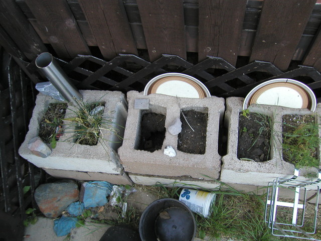 Some of the tiles have dissolved, leaving the dirt to fall through to the lower brick.