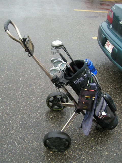 My Dad's golf clubs + cart.  Worked out okay!